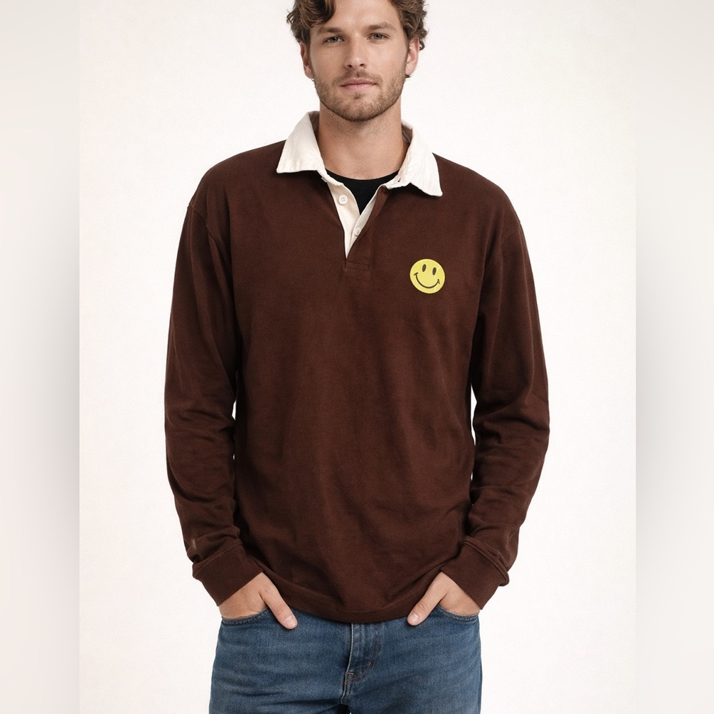 China town market Brown Long‎ Sleeve Polo Shirt with Smiley Patch